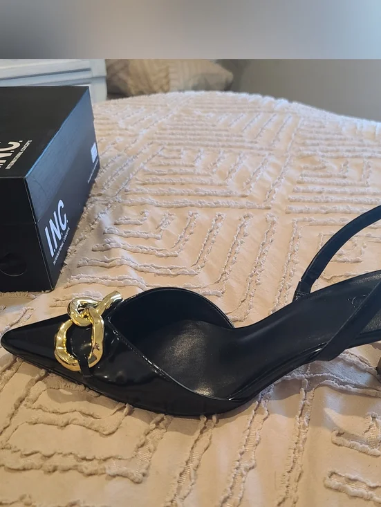 INC International Concepts Black Patent Slingback Pumps with Gold Chain Detail. - Picture 2 of 6
